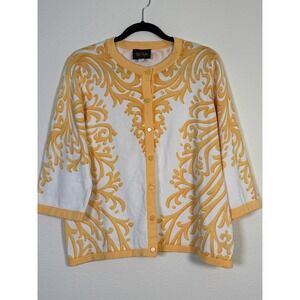 Bob Mackie Wearable Art Yellow White Scroll Damask Cardigan Sweater Womens Large